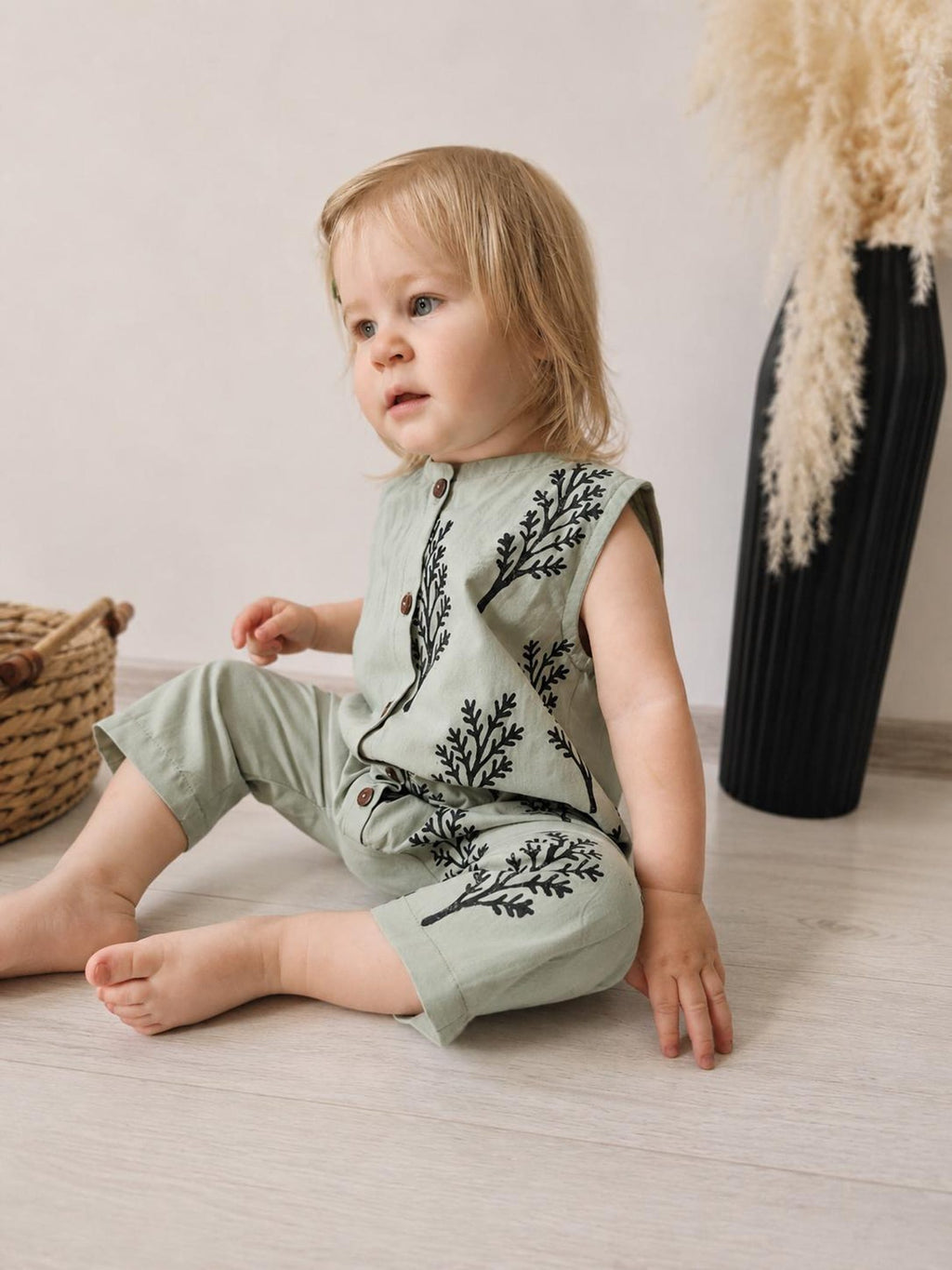 Wovara® Ärmelloser Handgefertigter Baby-Strampler aus gewaschener Baumwolle mit Blockprint