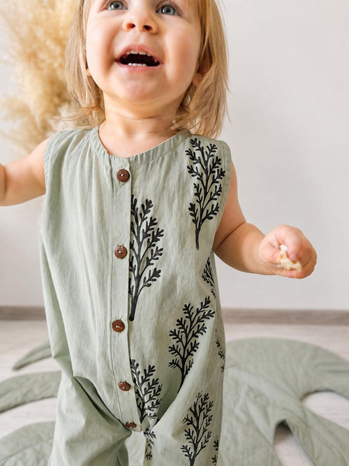 Wovara® Ärmelloser Handgefertigter Baby-Strampler aus gewaschener Baumwolle mit Blockprint